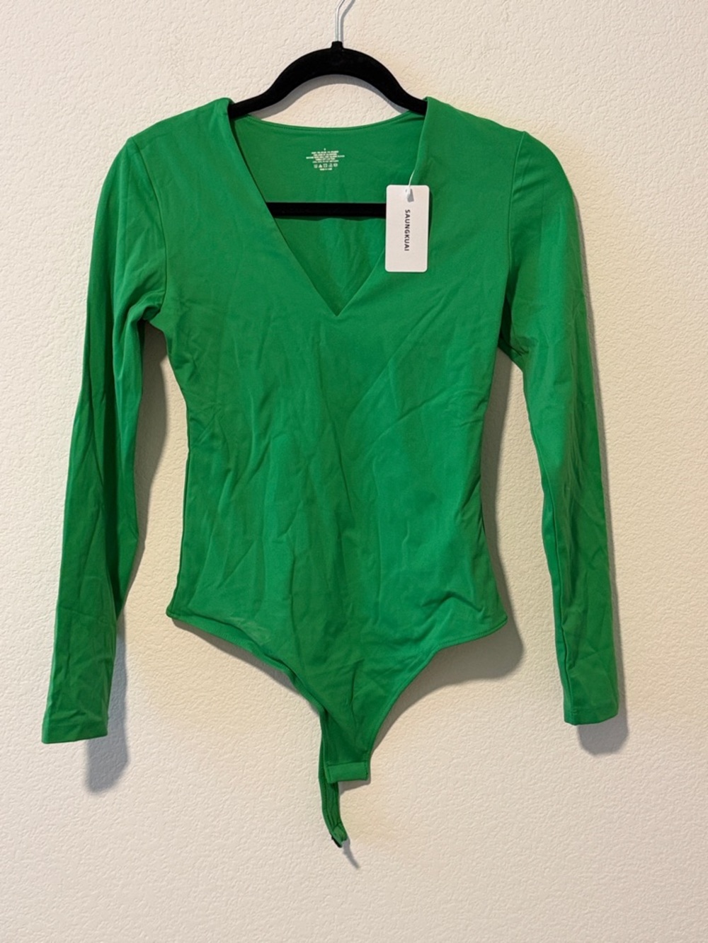 Women’s Plunge Deep V-Neck Long Sleeve Bodysuit Double Lined Thong Shirt Top